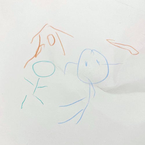 小朋友在這階段畫「人物」的時候，依然只有蝌蚪人的形象，一個圓圓的當頭，然後底下軀幹、四肢用線條表示 source:Hipo Tseng