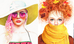 你是哪一種季節女孩？繽紛夢幻的手繪插畫 Morgan Davidson、插畫、手繪、春、夏、秋、冬、四季、女孩、楓葉、海、花、藝術