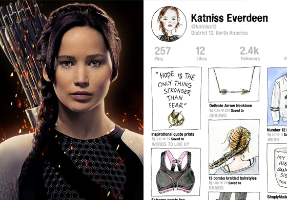 《飢餓遊戲》凱妮絲開始玩Pinterest了？電影小說經典角色的網路生活插畫 飢餓遊戲、凱妮絲、pinterest、插畫、角色