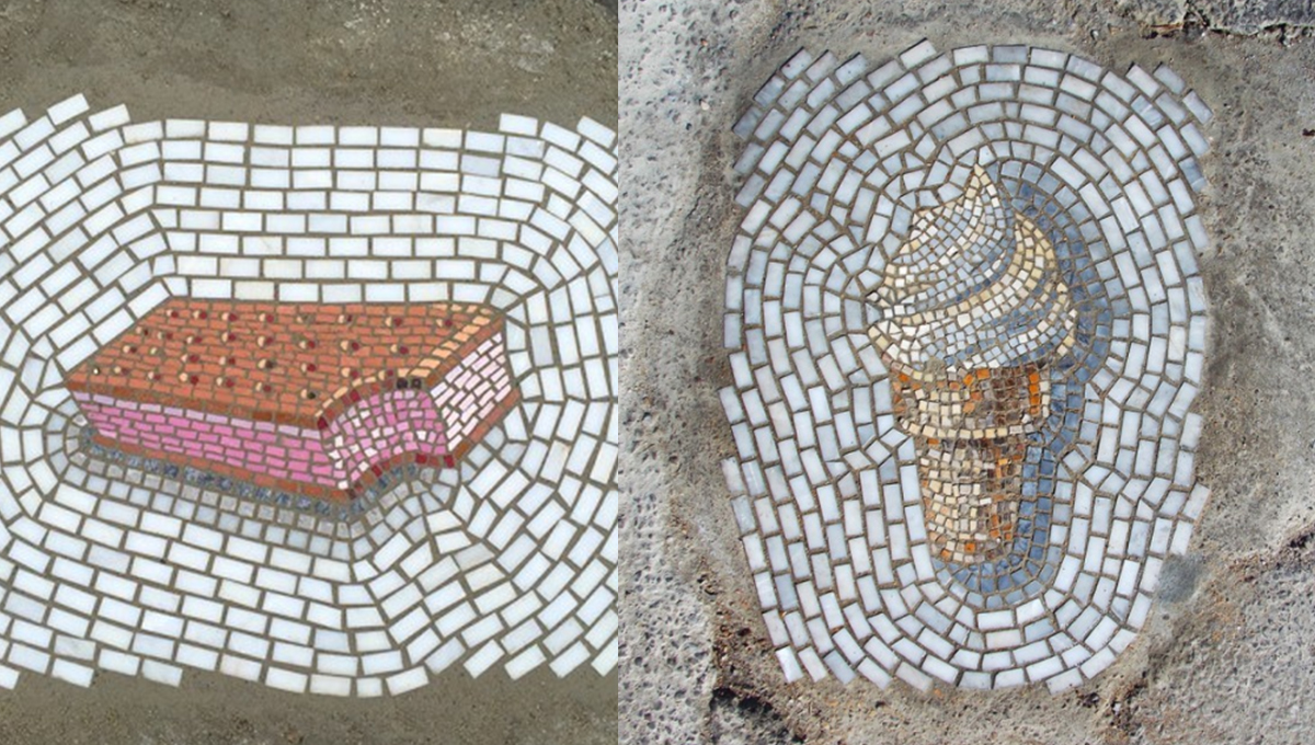 路見不平，馬賽克相助！芝加哥藝術家讓破馬路長出美味食物 藝術、馬賽克、冰淇淋、冰棒、食物、馬路、藝術