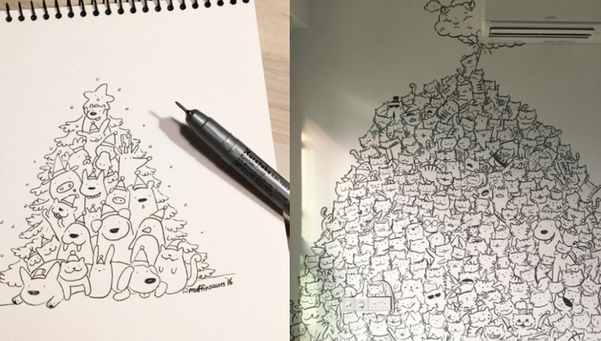 一整面軟萌貓咪牆就是她畫的！讓人誤以為在玩Tsum Tsum的堆疊插畫 插畫、貓咪、堆疊、手繪、黑白