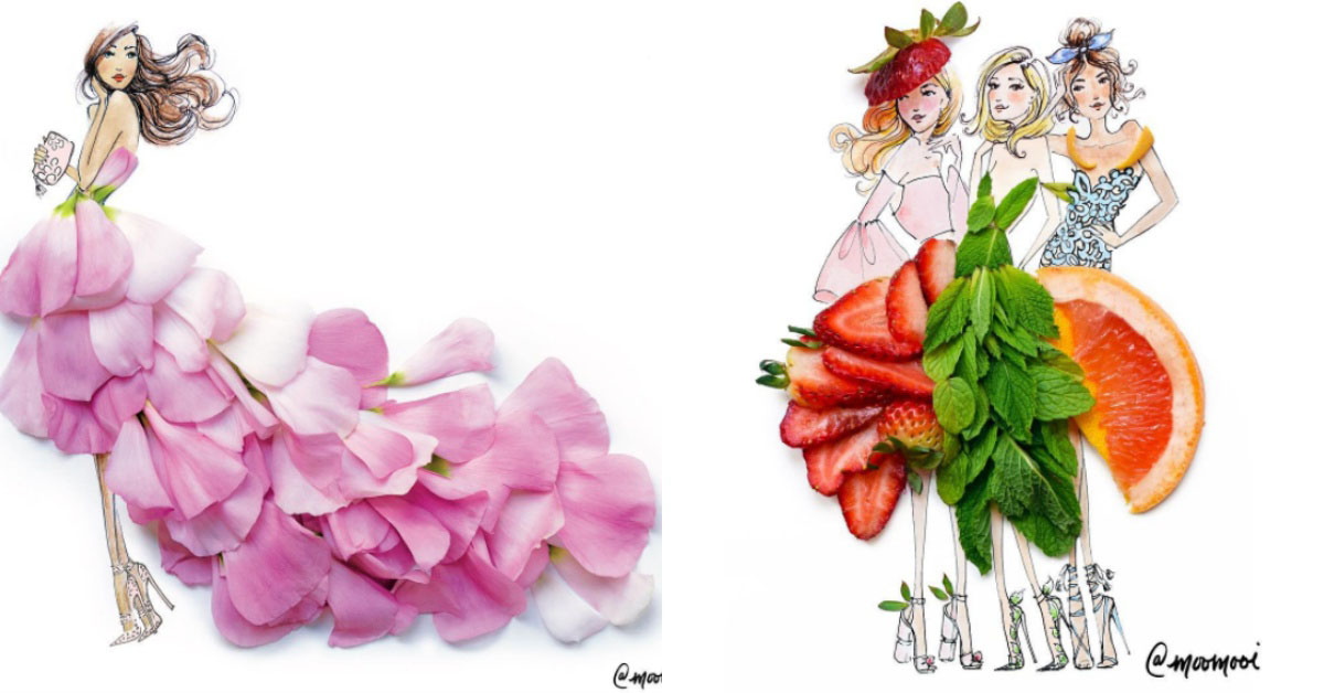 蜂蜜當裙擺讓整個人都甜了起來！花草系都會女子的時尚插畫 花草、時尚、插畫、大自然、裙擺、Meredith Wing、moomooi、拼貼、藝術