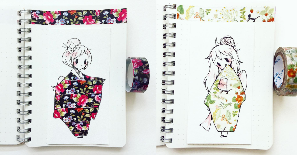 原來紙膠帶跟和服這麼搭！將兩者完美結合的可愛少女插畫 插畫、 紙膠帶、 寶可夢、 和服、 花色、 可愛、 精緻、 無性生殖、 優雅、 春天、 胸章、 服裝、藝術