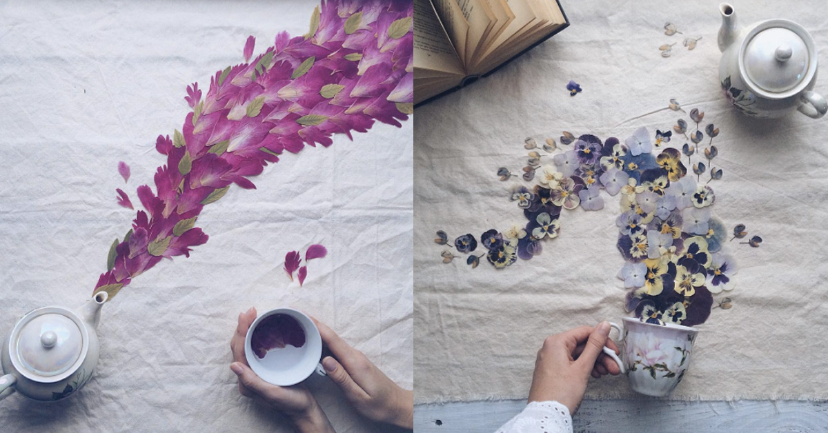 氤氳熱氣幻化成仙氣飄飄的乾燥花…藝術家奇幻視角打造「花與茶」的浪漫故事 Marina Malinovaya、乾燥花、乾燥花色、仙氣、浪漫、奇幻、獨特視角、甜點藝術品、花藝教室、藝術