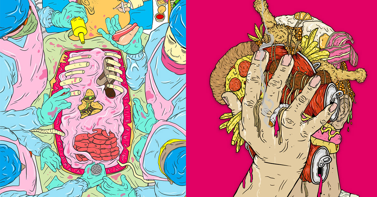 用手把漢堡雞腿揉成一團！蘇格蘭畫家筆下的速食讓人倒盡胃口 獵奇、MH、Mike Hughes、badnewsmikehughes、速食、貪吃、噁心、倒胃口、起司、美味、慾望、肥胖、垃圾食物、