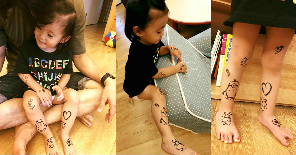 果然不能把小孩給爸爸帶！修杰楷把咘咘當畫布在女兒身上畫畫 修杰楷、咘咘、畫畫、卡通、賈靜雯、塗鴉、刺青