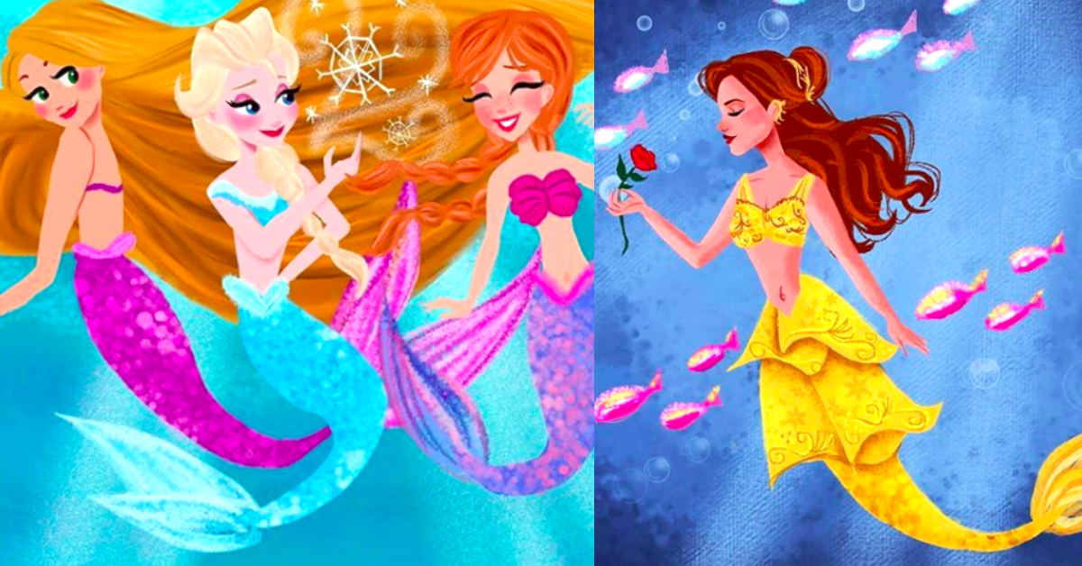 如果迪士尼公主移民到海底世界？艾莎雪白魚尾、貝兒經典黃尾絕美登場！ 迪士尼、公主、迪士尼公主、惡搞、海洋、夢幻、插畫、美人魚、illustrationsbydil、藝術