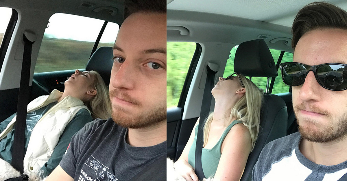 這個副駕駛真的很不稱職！調皮丈夫拍下妻子在車上睡覺的醜態 睡覺、副駕駛、開車、旅行、調皮、公路旅行、長途旅行