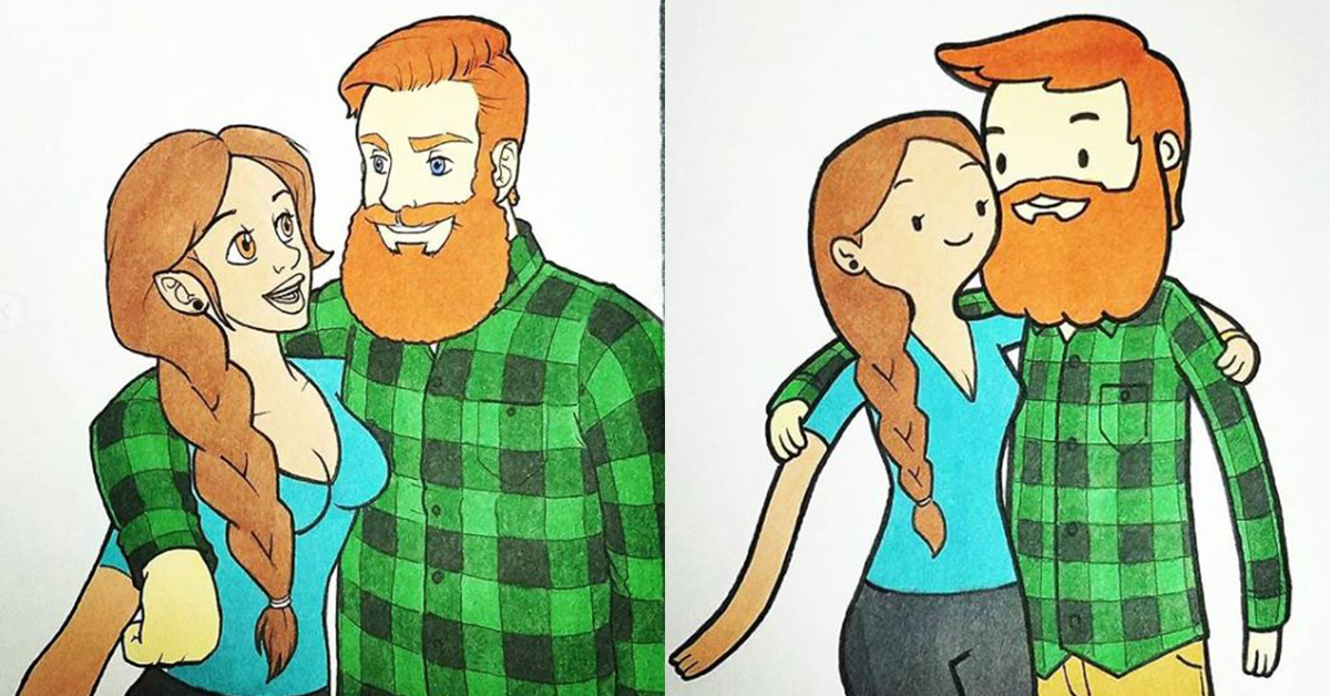 懲罰男友自肥新招？美藝術家手繪「10種卡通風格」合照想不感動都難 情人節、女朋友、禮物、合照、手繪、DIY、卡片、Kells O'Hickey、kellssketchess、辛普森、老皮、迪士尼、藝術