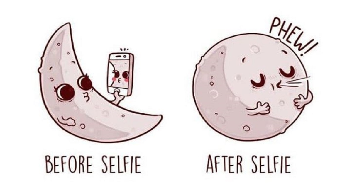 自拍前後就像滿月與上弦月！讓幽默插畫教你生活樂趣可以是「比較」來的 插畫、naolito、幽默、生活樂趣、化妝前後、差異