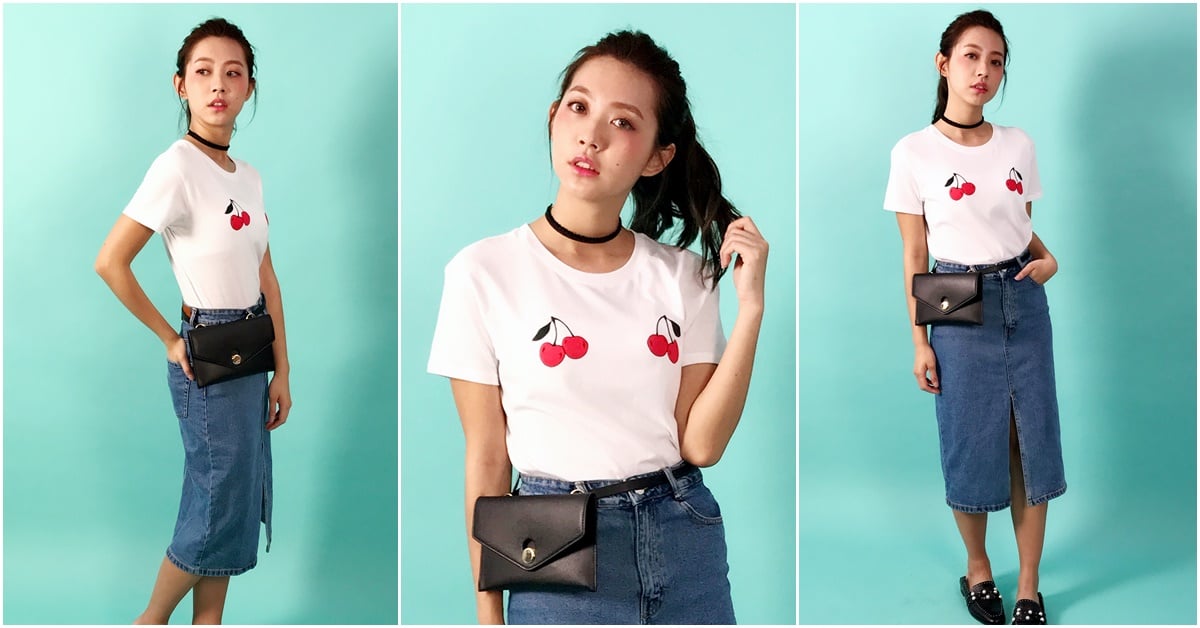 白T的視覺膨脹感即刻解除！「小圖案+腰包」輕鬆集中視覺焦點又收腰身！    妞的穿搭日常、歐美、白T、穿搭、時尚、腰包、牛仔裙