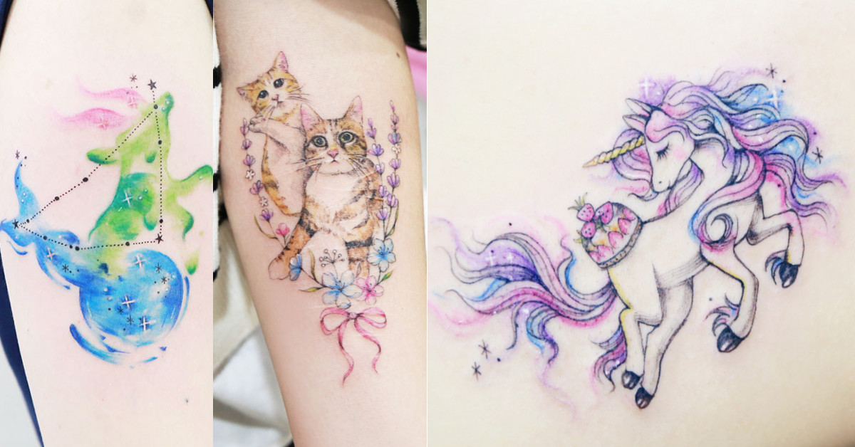 跟上最新夢幻風潮～療癒派渲染刺青，刺出少女的個性時尚。 刺青、夢幻、渲染、時尚、 粉紅喵刺青