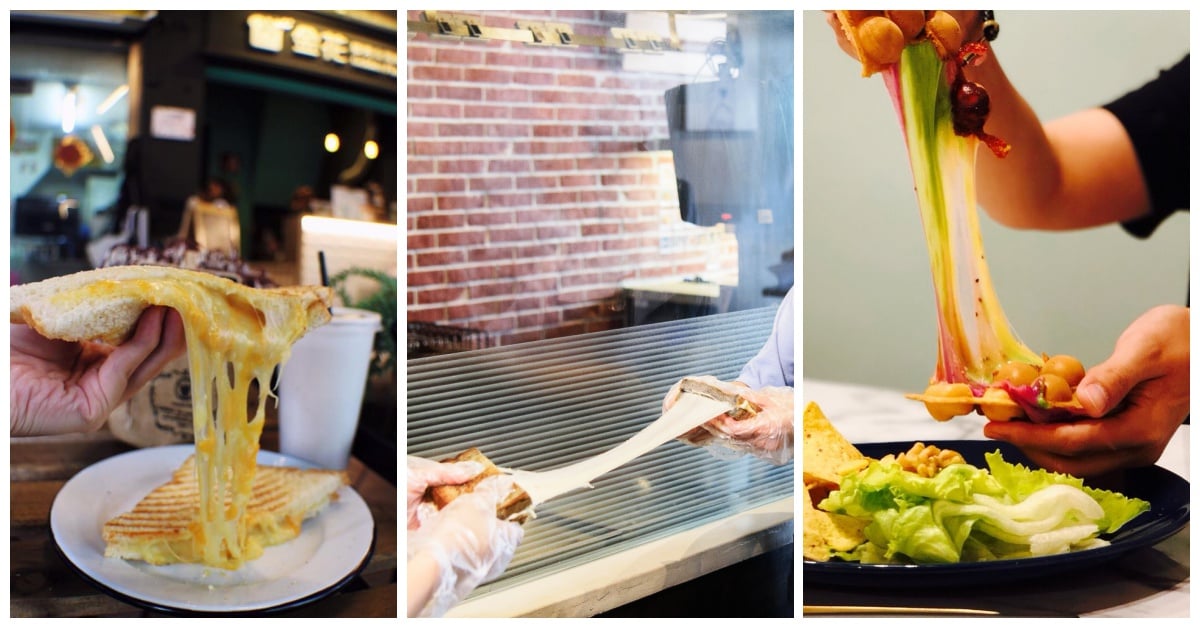超濃郁的起司瀑布拉到一公尺也不會斷！牽絲系三明治全台發燒中 起司瀑布、牽絲、三明治、包果、 金花碳烤吐司專賣、2Yum Cafe’、雞蛋仔