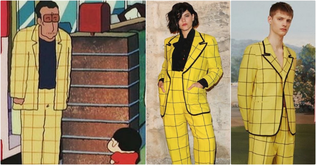 GUCCI西裝新品怎麼有點眼熟？原來《蠟筆小新》的園長早就穿上它了！（笑） GUCCI、蠟筆小新、幼稚園園長、春夏大秀、撞衫、亞歷山德羅米凱萊、黃格西裝、惡搞照