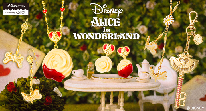 紅心皇后的白玫瑰沾到草莓果醬惹！「Q-pot.×愛麗絲夢遊仙境」甜點飾品新上市 Q-pot.、迪士尼、愛麗絲夢遊仙境、甜點、飾品、紅心皇后、白玫瑰、愛麗絲、柴郡貓、笑臉貓、麵包蝴蝶、耳環、項鍊