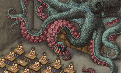 大災難降臨教室 東洋恐怖漫畫風插畫Indivisualplay 東洋、漫畫、插畫、恐怖、詭異、幻想、嘔吐、怪談、災難、教室、沙漠、海洋、殺人、章魚、 南韓、韓國、Eunjung Shin、Indivisualplay