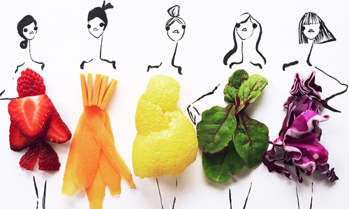 你想穿草莓裝還是葉子裝？把美味食物穿上身的時尚插畫 Gretchen Röehrs、葉子、草莓、水果、食物