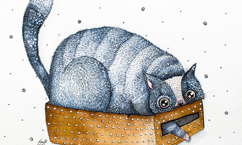 這紙箱差點塞不下貓咪啦！貓奴藝術家的水彩世界 Norvile Dovidonyte、nora、立陶宛、藝術家、貓咪、可愛、俏皮、水彩、藝術