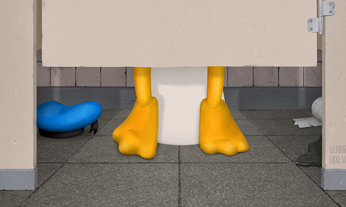 這藍帽、這鴨腳的主人是…. 快來猜猜門後是哪隻卡通人物在上廁所？ 廁所、卡通人物、米奇、唐老鴨、兔寶寶、頑皮豹、Rana Rene、辛普森、芝麻街大鳥、Lucas Savelli、趣味、插畫   、藝術