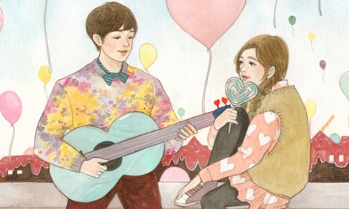 靜靜聽歐巴彈吉他最幸福～韓國超唯美戀人水彩插畫 limhee、임희、韓國、水彩、插畫