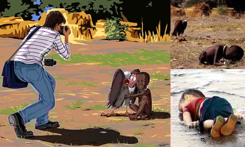 禿鷹該是跟非洲女童開心合照！插畫家改寫出殘酷相片的美好結局 Gunduz Aghayev、攝影、孩子、人道、改寫