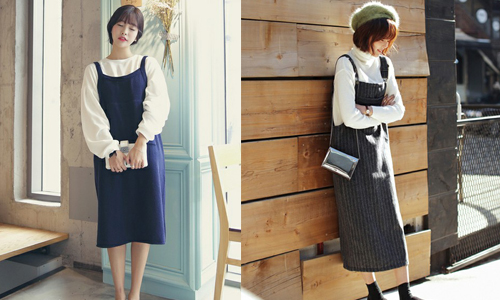不要再給它冠上幼稚的罪名！日韓妞示範吊帶裙也可以走成熟風 吊帶裙、幼稚、中性、孩子氣、男孩子氣、成熟、時尚、日韓、穿搭、素色、格紋、丹寧、點點、異材質、太空棉、皮革、大學T、毛衣、高領毛衣