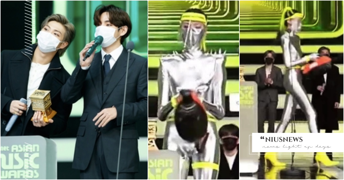 防彈少年團2020《MAMA》領獎前突然闖入「詭異全銀女人」，狂噴消毒水全網傻眼 2020MAMA頒獎典禮、2020MAMA得獎、2020MAMA表演、2020MAMA防疫、防疫銀色女、韓國年末頒獎典禮