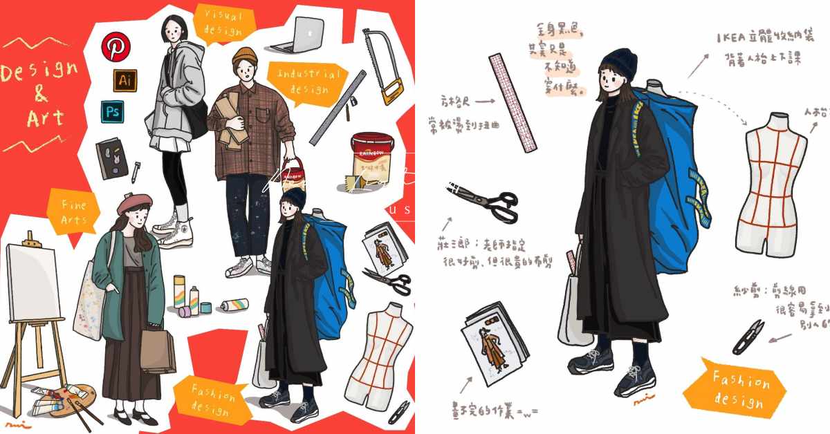 服裝設計系愛穿全黑、美術系都背大帆布包？工設、媒傳等「設計」類別系所穿搭解析！ 插圖、大學生、校園、設計系、藝術類、學生、穿搭