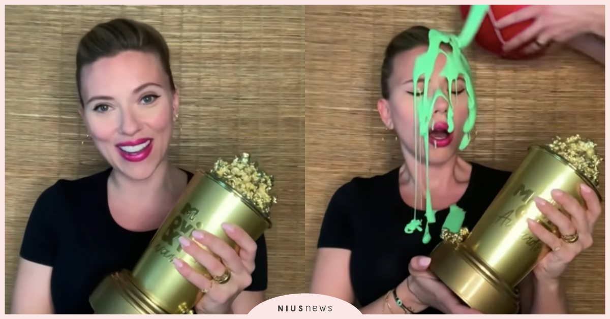 惡整「黑寡婦」！史嘉蕾喬韓森感言講一半「滿頭綠汁」，怒飆腦公：「花的發」！ 黑寡婦、史嘉蕾喬韓森、惡整、MTV、頒獎典禮