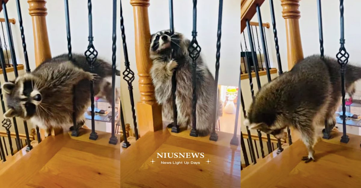 懶得爬樓梯？美國超呆萌「浣熊」胖到卡欄杆，四腳掙扎無辜神情：救我拜託！ 寵物圈圈、浣熊、美國浣熊、可愛、胖且生氣、卡欄杆、可愛寵物