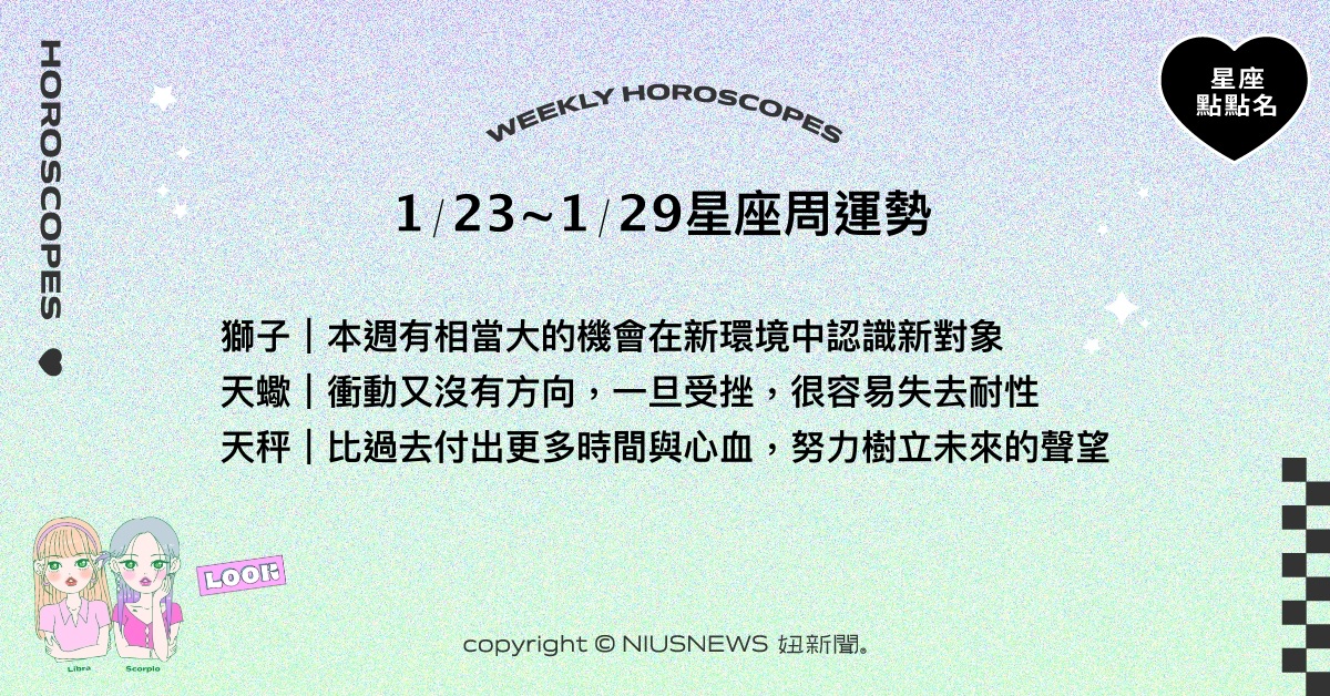 1/23~1/29星座點點名：獅子在工作上會有新的契機！每日星座進化2.0 星座運勢、週運勢、星座點點名、每日星座進化2.0