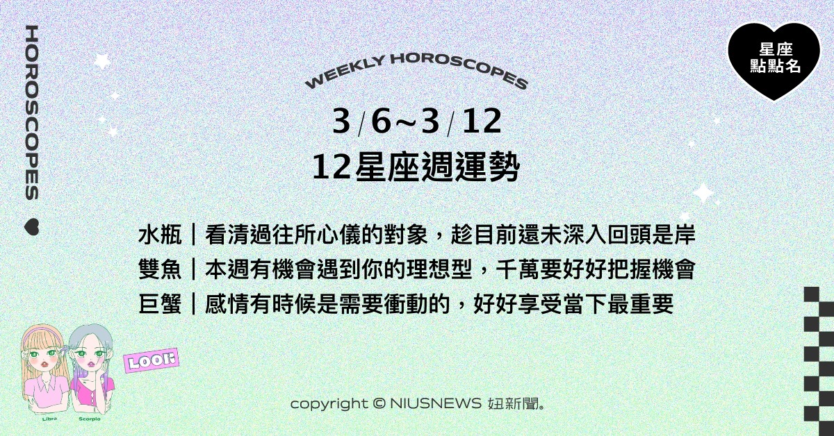 3/6~3/12星座點點名：天秤沉著冷靜終能得到圓滿結果。每日星座進化2.0 星座運勢、週運勢、星座點點名、每日星座進化2.0