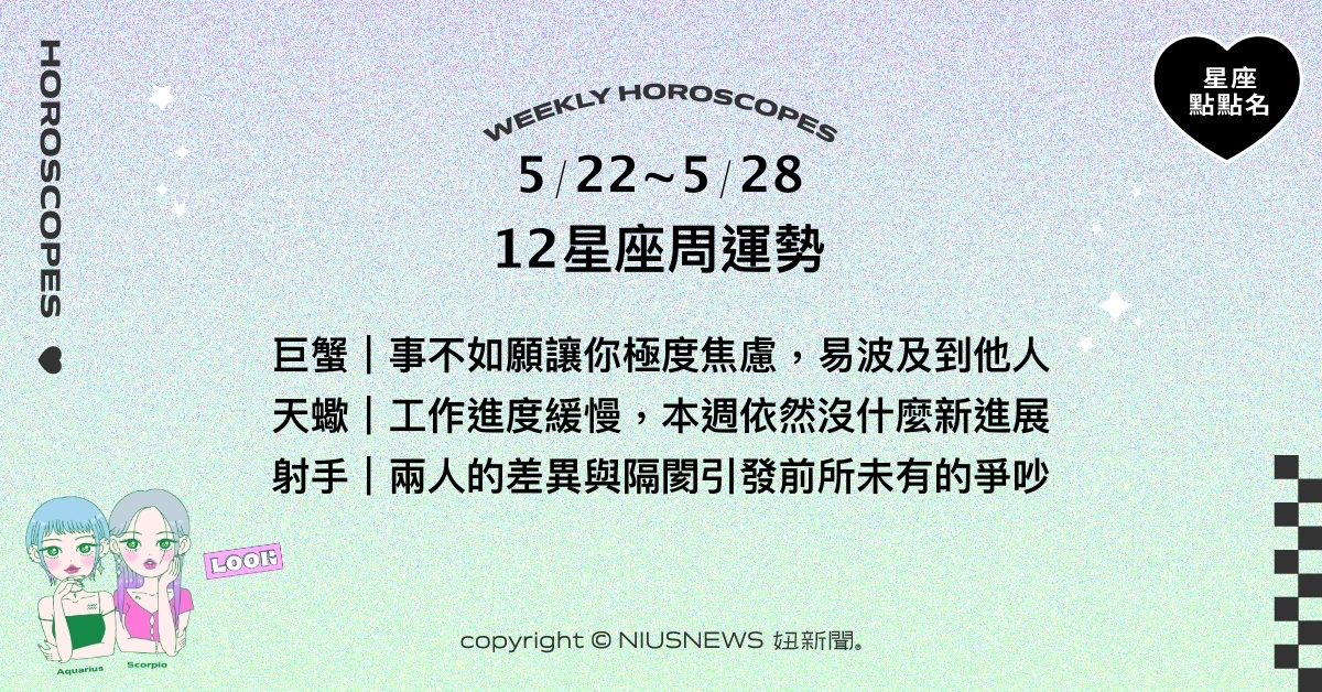 5/22~5/28星座點點名：水瓶邊做邊學順利解決難題。每日星座進化2.0 星座運勢、週運勢、星座點點名、每日星座進化2.0