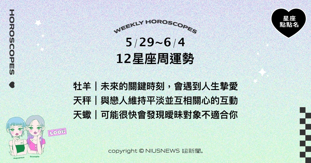5/29~6/4星座點點名：巨蟹的堅持有助於事件發展。每日星座進化2.0 星座運勢、週運勢、星座點點名、每日星座進化2.0