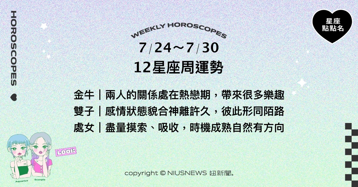 7/24~7/30星座點點名：牡羊工作上需懂得量力而為。每日星座進化2.0 星座運勢、週運勢、星座點點名、每日星座進化2.0