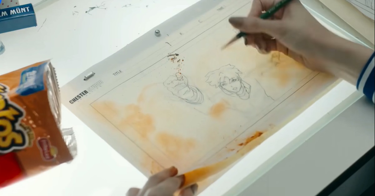 動畫的原稿上，出現了奇蹟 奇多、餅乾、條狀零食、FritoLay