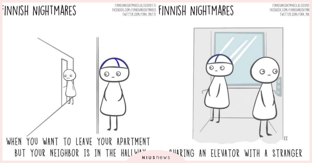 害羞錯了嗎！社恐人才懂的10個尷尬情境：和陌生人單獨搭電梯、搭公車只剩雙人座 插畫、害羞人、芬蘭、Karoliina Korhonen、FINNISH NIGHTMARES