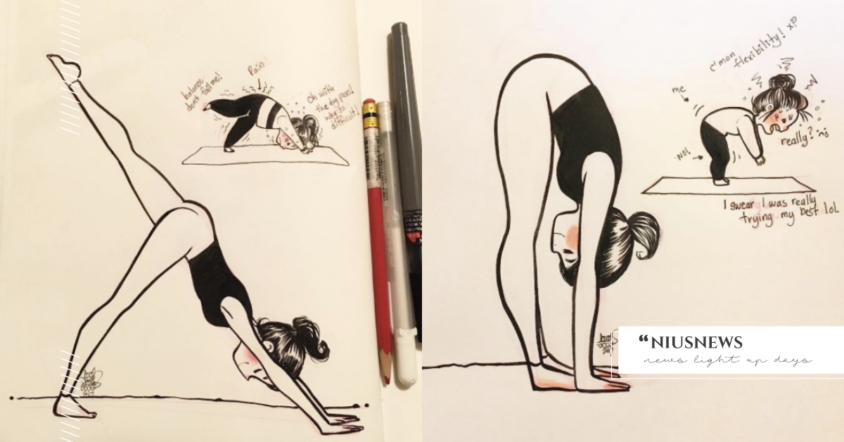 瑜珈新手一定秒懂的對比插畫！剛入門瑜珈常常會遇到的7種情況 運動、瑜珈、柔軟度、下犬式、貓式、眼鏡蛇式、嬰兒式、Adriana、插畫