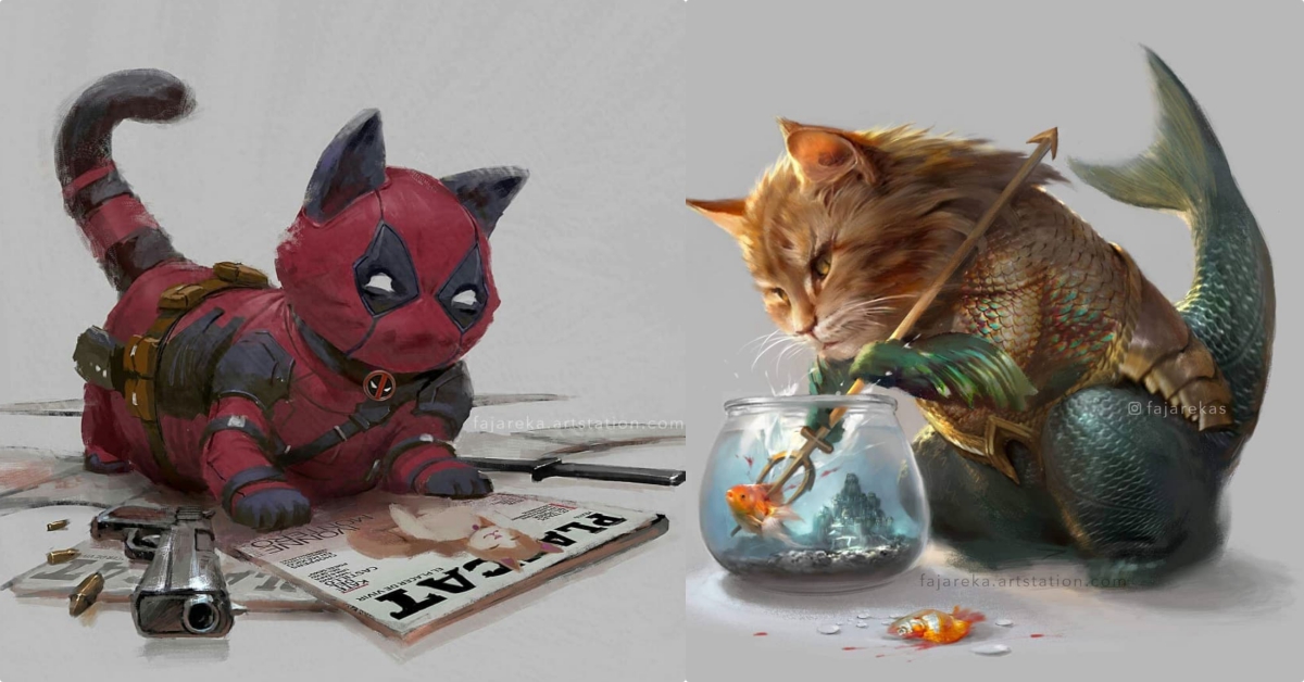 當貓貓變身超級英雄？無違和的死侍喵、水行喵萌度滿點不輸真人！ 貓、英雄、電影、印尼、插畫家、Fajareka Setiawan