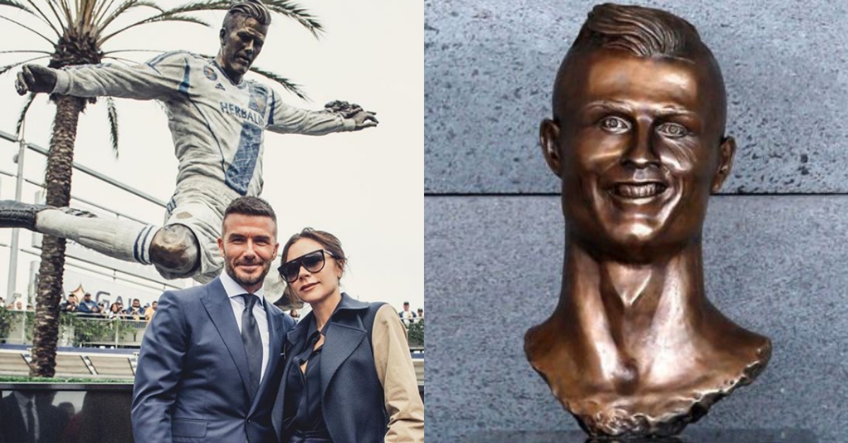 哥就是連這個都要比你帥！貝克漢雕像揭幕，招牌黃金右腳強壓C羅機場尷尬銅像！ 