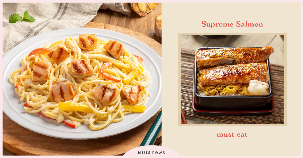 「美威鮭魚」冬季新品5選＋經典必吃款Top4！加碼「極上蒲燒鮭重」限量上市 Supreme Salmon美威鮭魚必吃、法式香蒜鮭魚義大利麵、法式焗烤鮭魚筆管麵、鮭魚海鮮茶碗蒸、泰式鮭魚干貝海鮮丸、極上蒲燒鮭重、濃滑巧克力奶酪、加州起司炙燒鮭魚握壽司、松露嫩鮭野菇燉飯、泰式嫩烤鮭魚菲力、炭烤彩蔬厚切鮭魚排飯、
