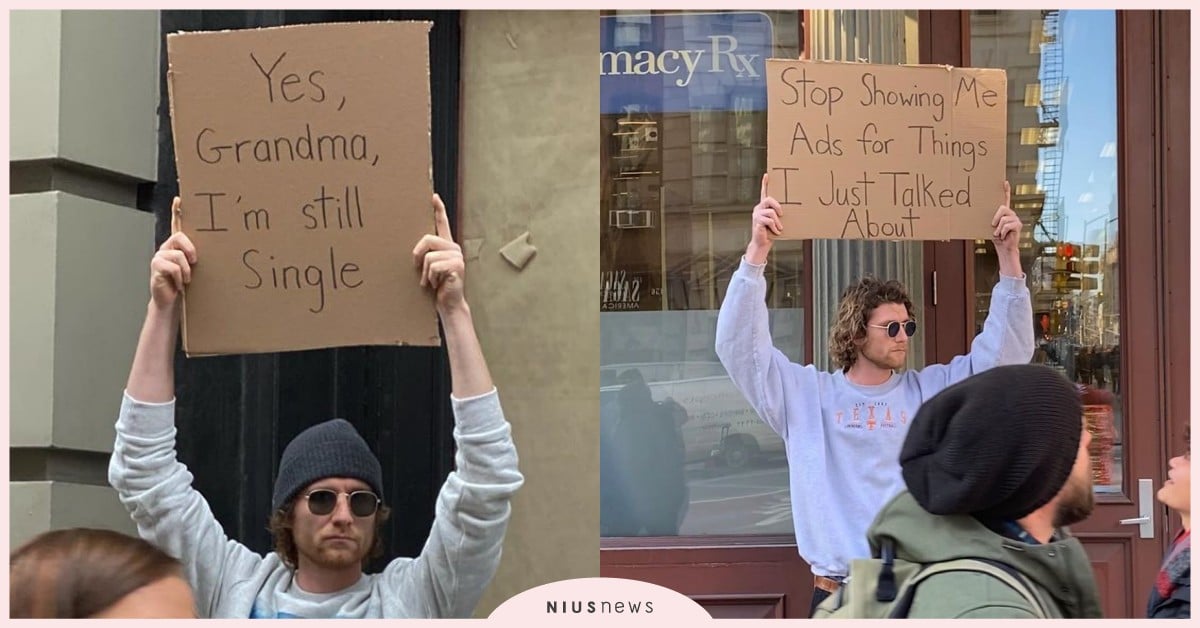 用幽默舉牌呼籲親戚煩人的提問吧！紐約男子總是高聲抗議「生活小事」笑翻百萬網友 紐約街頭、生活小事、舉牌、dudewithsign、抗議