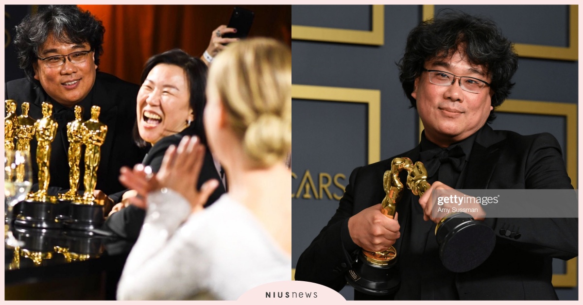 《寄生上流》導演奉俊昊超可愛！拿著小金人傻笑，見同年生「奧斯卡影后」還開心搭訕 寄生上流、奧斯卡金像獎、奉俊昊、崔宇植、韓國電影