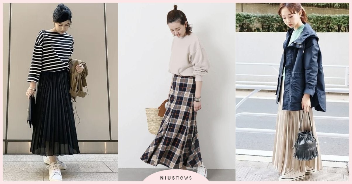 8個「裙裝×小白鞋」混搭造型參考！洋裝、百摺裙、圓裙搭配示範！ 