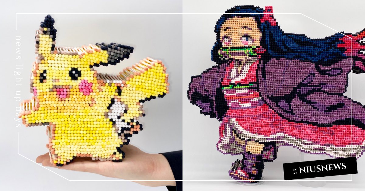 像素風立體皮卡丘、《鬼滅之刃》禰豆子！日本藝術家用「千根棉花棒」巧手做出經典角色 日本、精靈寶可夢、皮卡丘、妙蛙種子、小火龍